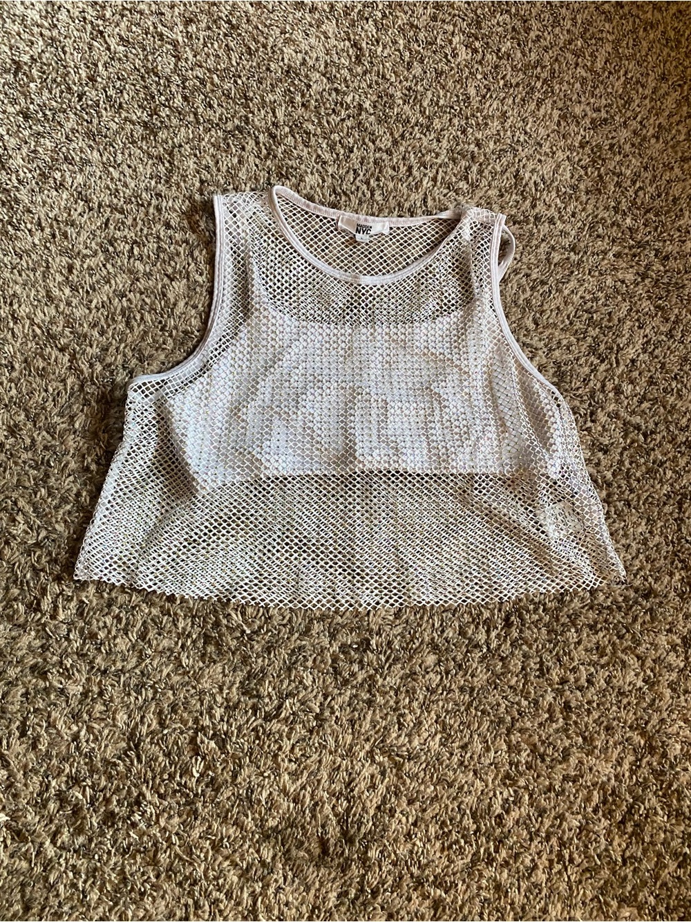 Madden NYC White Rhinestone Mesh Crop Tank Top Size Large